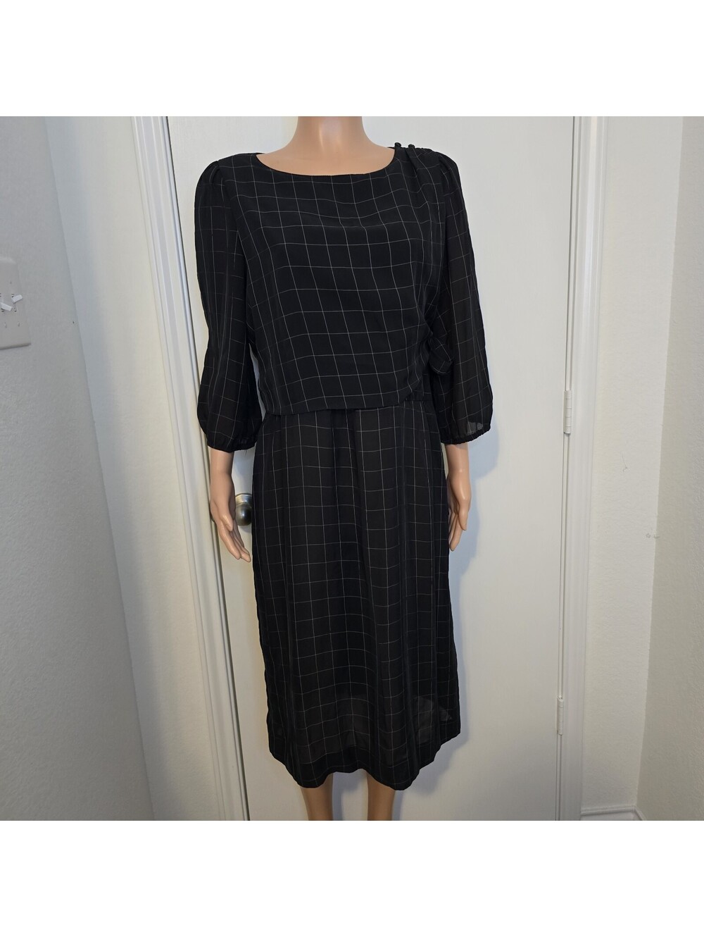 VTG 80s Black Retro Dress Tie Waist Geometric Windowpane Monochromatic Sz 16
